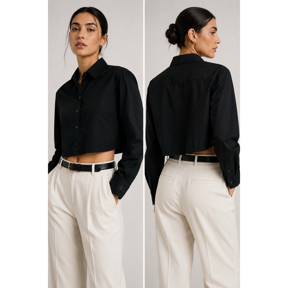 Ksubi Cropped Button Front Shirt Womens‎ M Black Minimalist Luxury Cotton